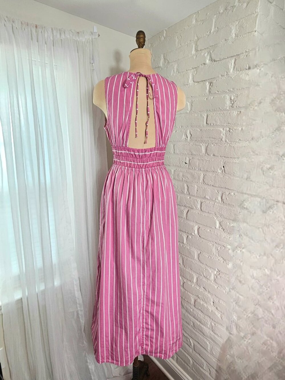 Faithfull The Brand Pink Stripe Smocked Waist Midi Dress Size L Open Back Tie - Picture 3 of 12